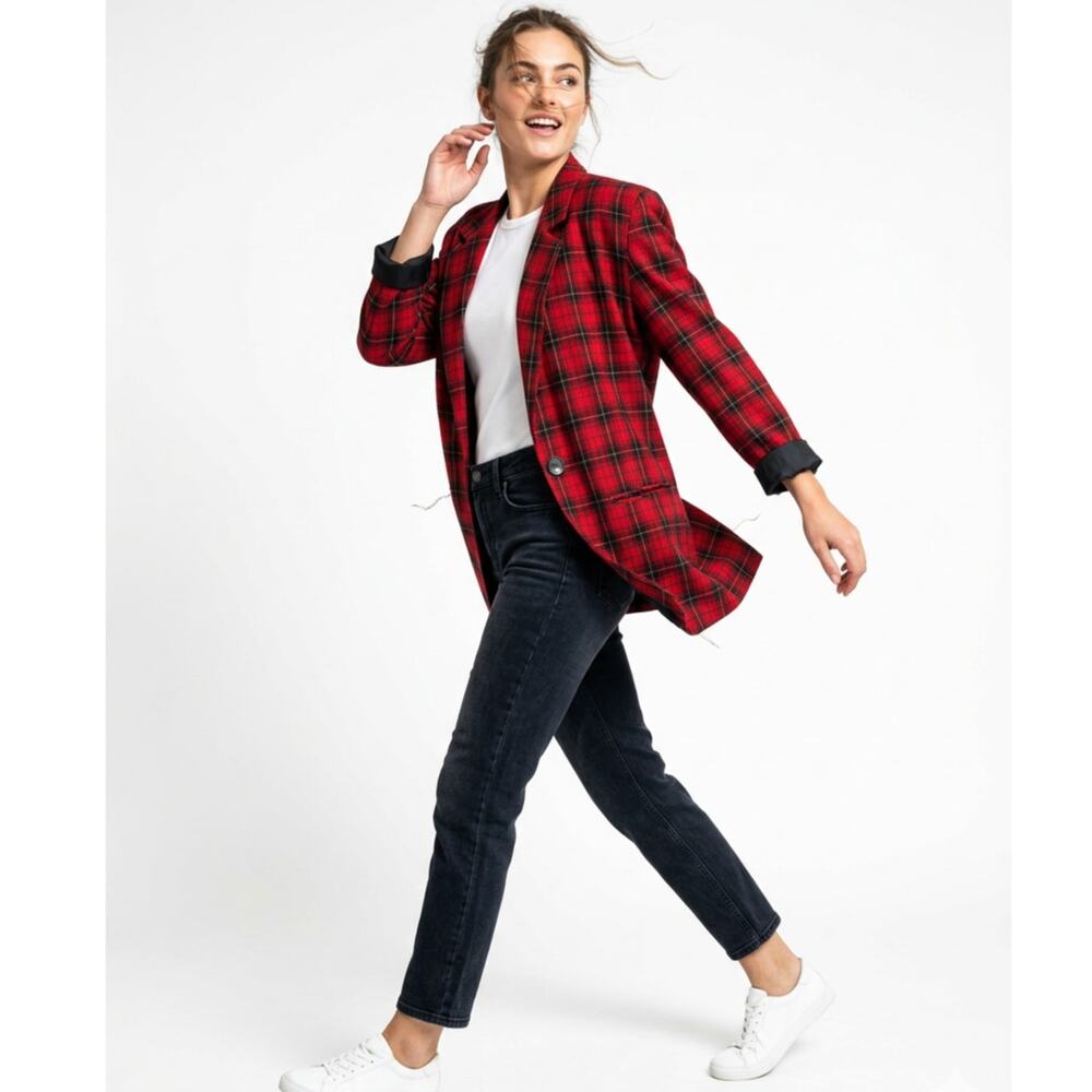 Vintage Mirrors 80s 90s Long Red Plaid Baggy Oversized Power Suit Blazer, Medium